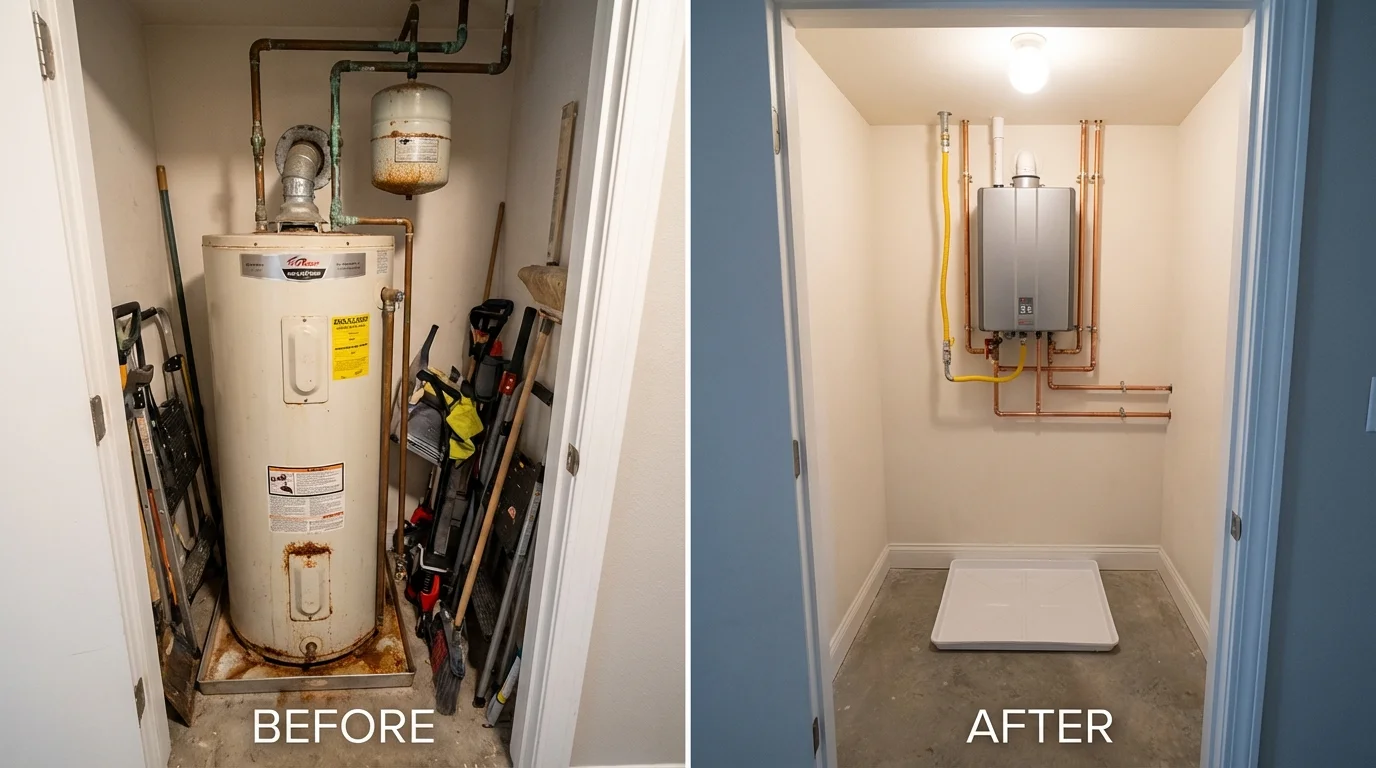 Tank water heater versus wall-mounted tankless unit comparison for Montgomery, MN homeowners