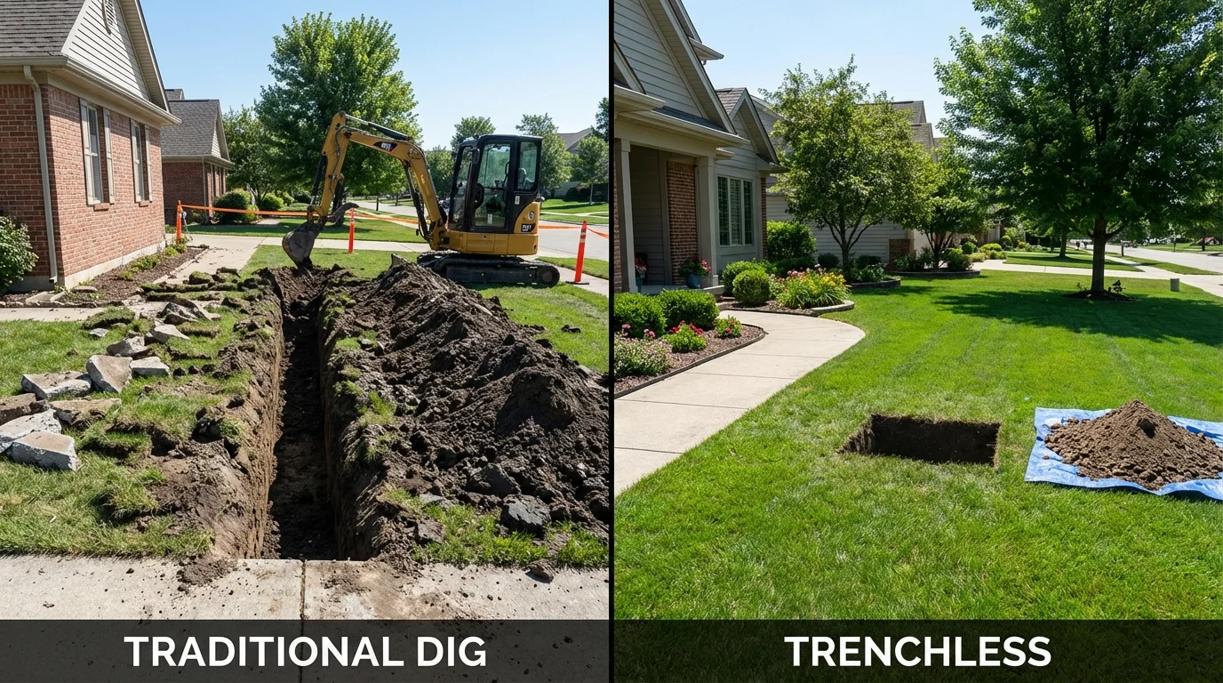 Trenchless sewer repair with minimal yard damage versus traditional excavation in Montgomery, MN